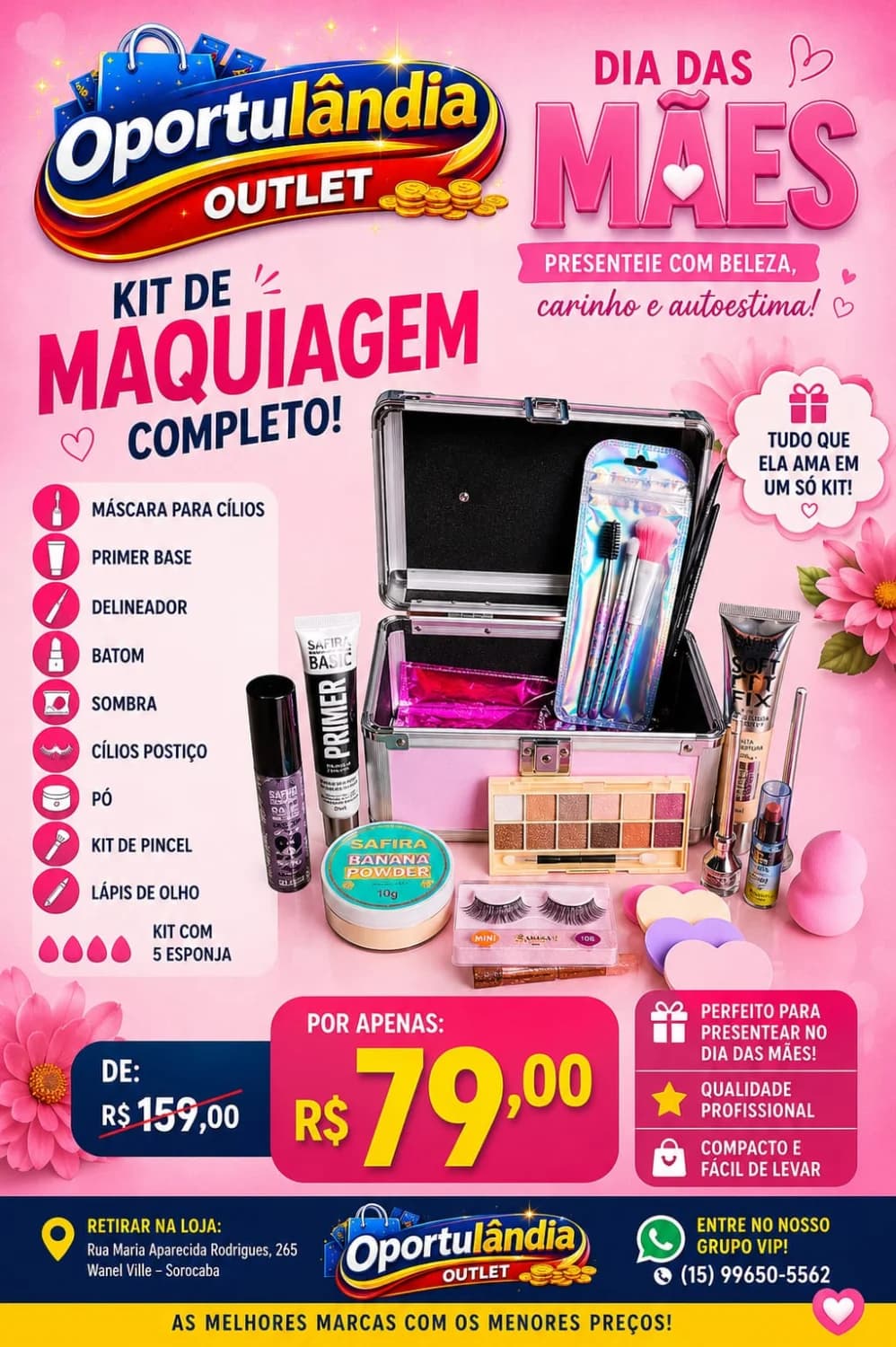 💄✨ KIT DE MAQUIAGEM COMPLETO ✨💄 Tudo o que você precisa para arrasar na make em um só kit! 😍🔥 ✅ Máscara para cílios ✅ Primer base ✅ Delineador ✅ Batom ✅ Paleta de sombras ✅ Cílios postiços ✅ Pó facial ✅ Kit de pincéis ✅ Lápis de olho ✅ Kit com 5 esponjas 🚨 DE R$ 159,00 🤩 POR APENAS R$ 79,00 Aproveite e garanta o seu antes que acabe! 🎁 Perfeito para presentear no Dia das Mães - 1