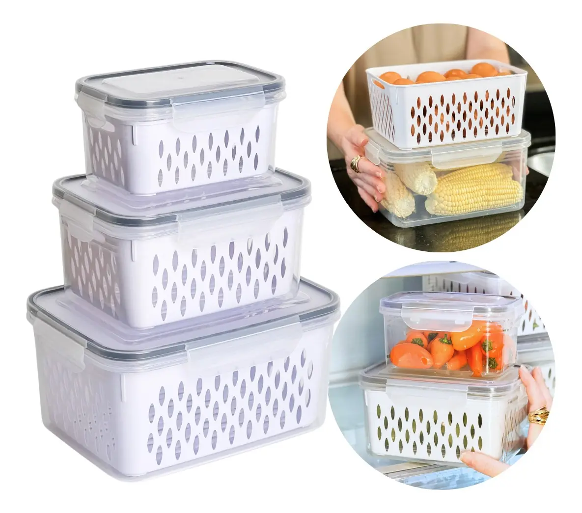 Kit 3 Potes Herméticos Com Cesto Escorredor Branco Plástico - 2