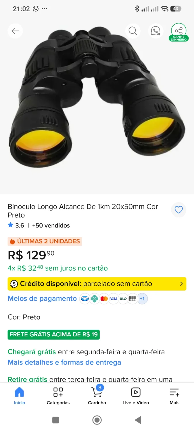 Binoculo Longo Alcance De 1km 20x50mm Cor Preto - 3