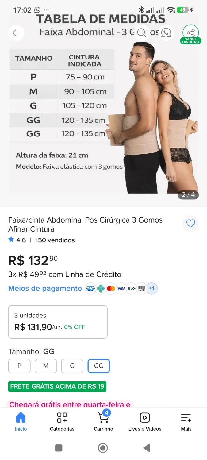 Faixa 3 Gomos Póscirurgia Abdominal Hérnia Bariátrica Cinta Tamanho GG - 2