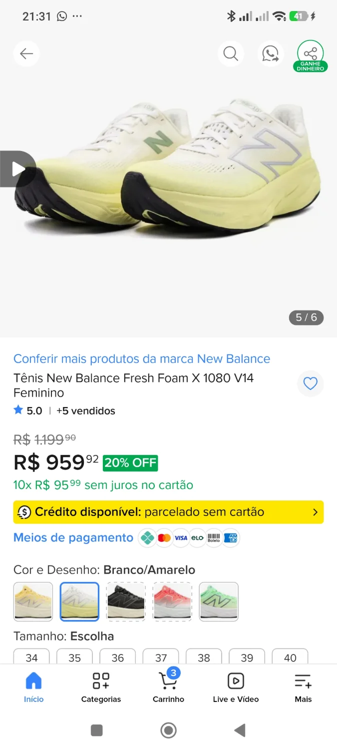 Tênis New Balance Fresh Foam X 1080 V14 Feminino N° 34 - 2