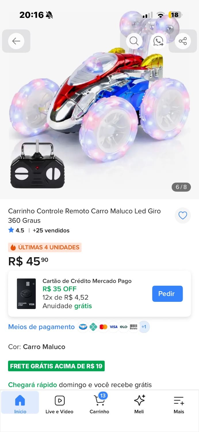 Carrinho controle com led - 2