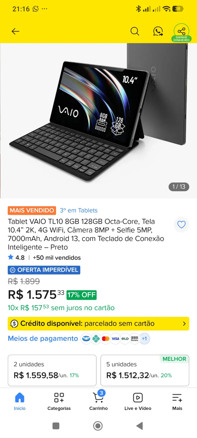 Tablet VAIO TL10 8GB 128GB Octa-Core, Tela 10.4” 2K, 4G WiFi, Câmera 8MP + Selfie 5MP, 7000mAh, Android 13, com Teclado de Conexão Inteligente – Preto - 3
