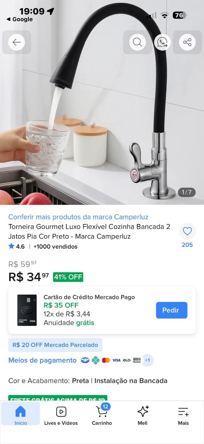 Torneira Gourmet Luxo Flexível Cozinha Bancada 2 Jatos Pia Cor Preto - Marca Camperluz - 1