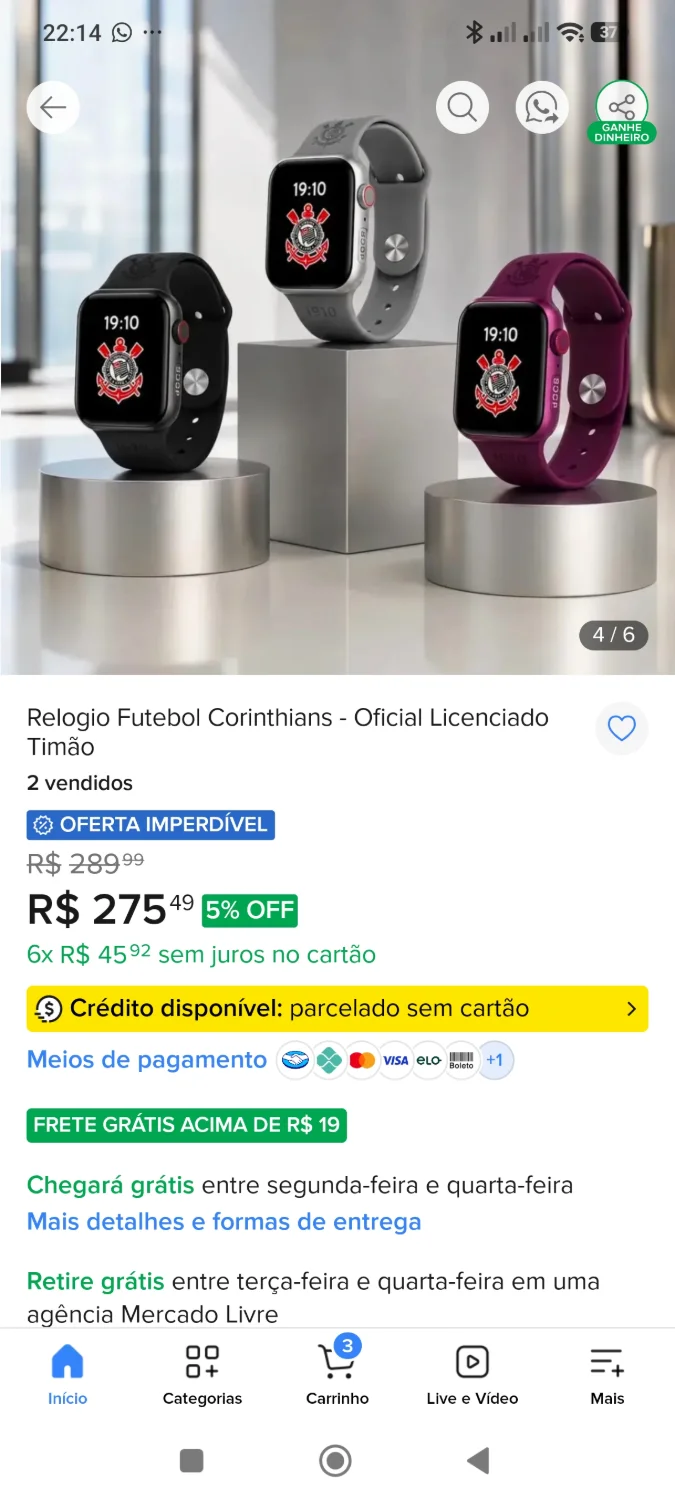 Relogio inteligente Futebol Corinthians - Oficial Licenciado Timão COR ROXO - 2