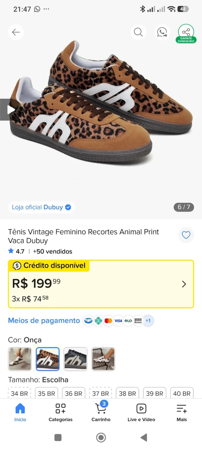 Tênis Vintage Feminino Recortes Animal Print Vaca Dubuy N° 34 - 2