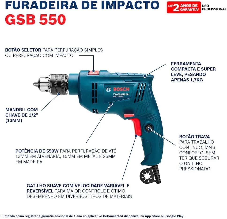 Furadeira 1/2 Pol De Impacto 550w Com Reversão Gsb550 Bosch 220v - 2