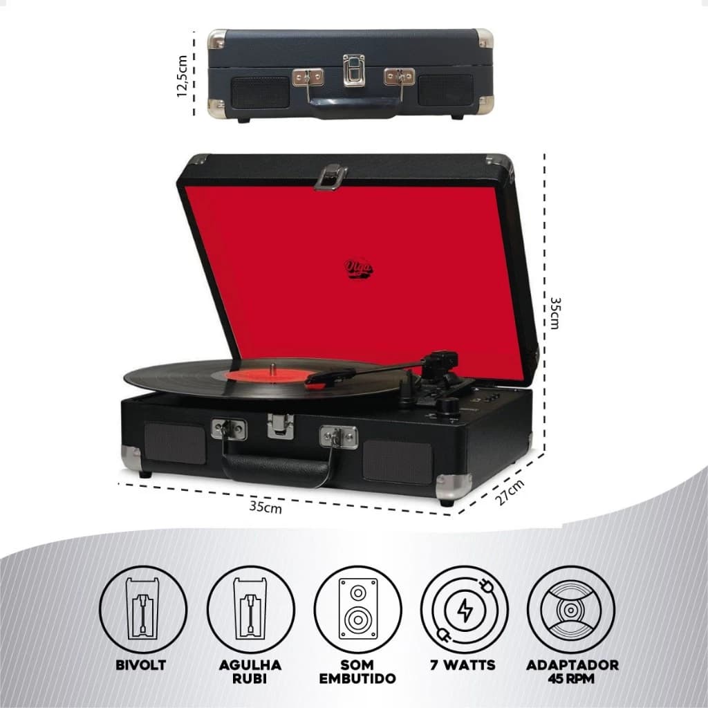 Vitrola Retro Maleta Toca Discos Vinil Caixa De Som Embutida 10w Bluetooth Com Agulha Rubi Extra - 1