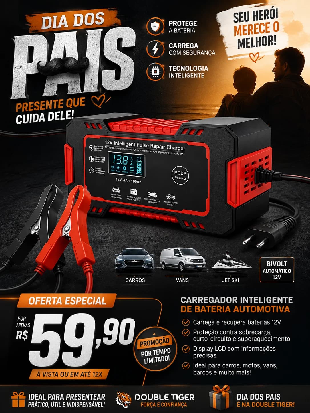 Carregador Inteligente de Bateria Automotiva 6A 12V Bivolt com Função de Reparo - 1