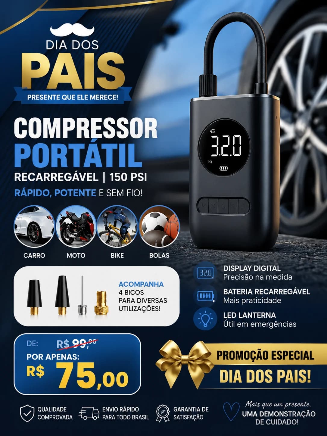 Compressor de Ar Portátil Recarregável 150 PSI com Display Digital e Lanterna LED - 1