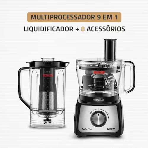Multiprocessador de Alimentos Mondial Turbo Chef 9 em 1 MPN-01-BF 2 Velocidades + Pulsar 1000 W - 110V - 2