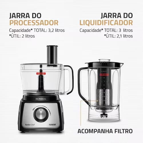 Multiprocessador de Alimentos Mondial Turbo Chef 9 em 1 MPN-01-BF 2 Velocidades + Pulsar 1000 W - 110V - 3