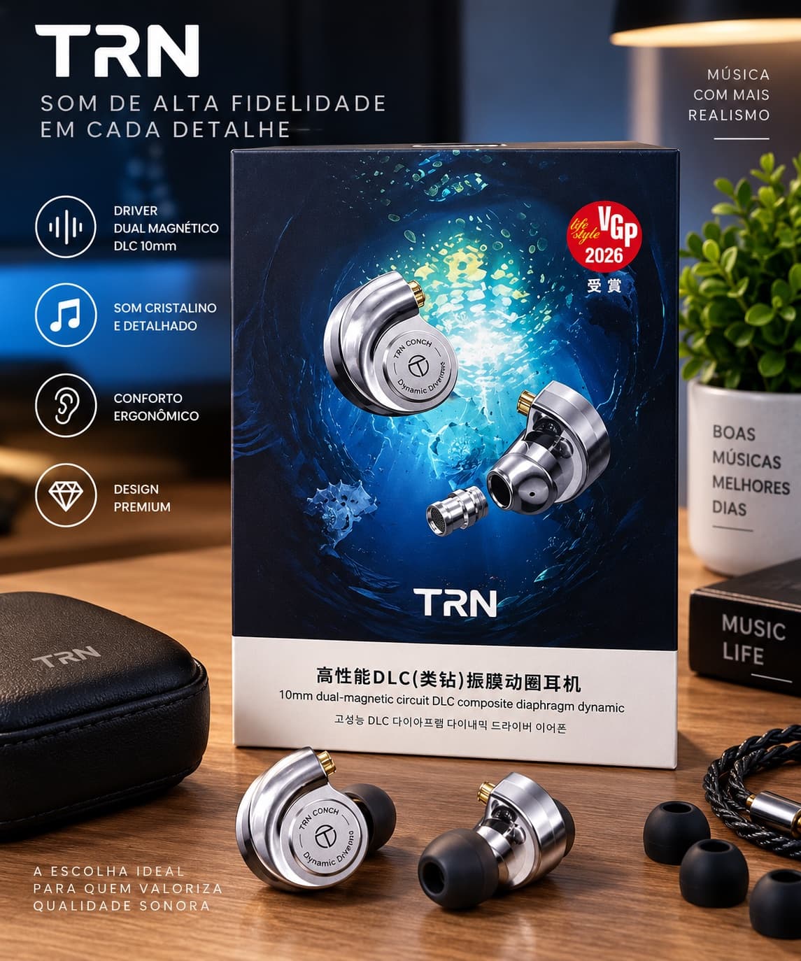TRN Conch Fone De Ouvido De Alto Desempenho DLC Diafragma De Diamante Dinâmico Intra-Auricular IEM - 1