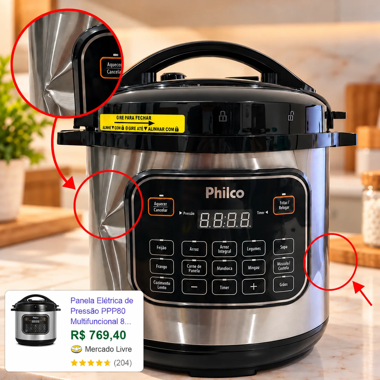 PANELA ELÉTRICA DE PRESSÃO PHILCO INOX 8L 12 FUNÇOES 220V (com detalhe) - 1