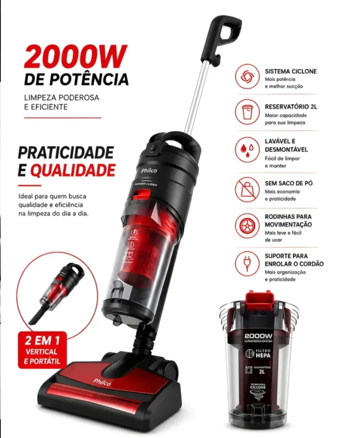 ASPIRADOR DE PÓ PHILCO | ULTRA POWER SISTEMA CICLONE | 2000W DE POTÊNCIA | 110V - 1