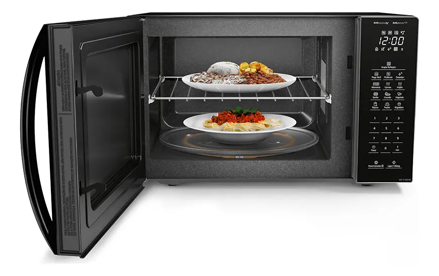 MICROONDAS PANASONIC BLACK GLASS 34 LITROS - PORTA ESPELHADA - ANTIBACTERIA E ANTIADERENTE - COM GRELHA PARA FUNÇÃO DUPLA REFEIÇÃO - 110V - 3