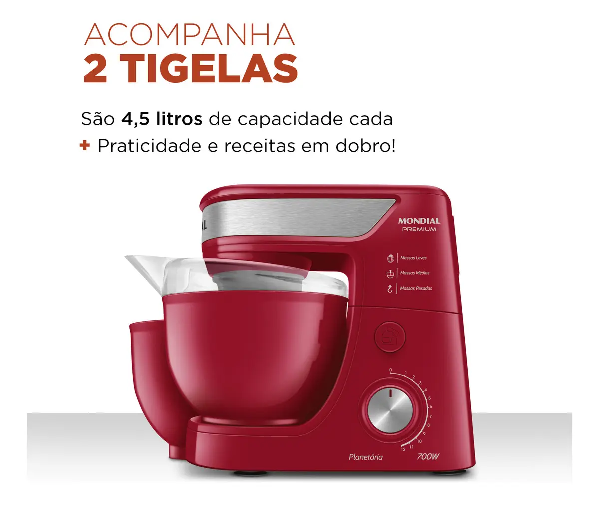 BATEDEIRA PLANETÁRIA MONDIAL PREMIUM VERMELHA - 700W DE POTÊNCIA - 2 TIGELAS DE PLÁSTICO COM CAPACIDADE DE 4,5 LITROS CADA - 110V - 2