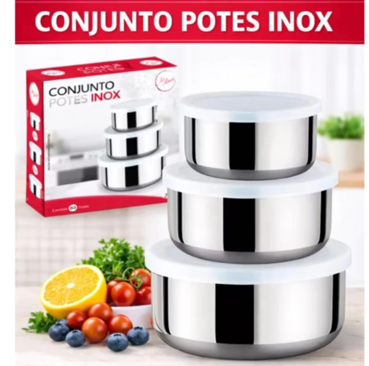 KIT 3 POTES INOX COM TAMPA ART HOUSE - 200ML/400ML/600ML - 1