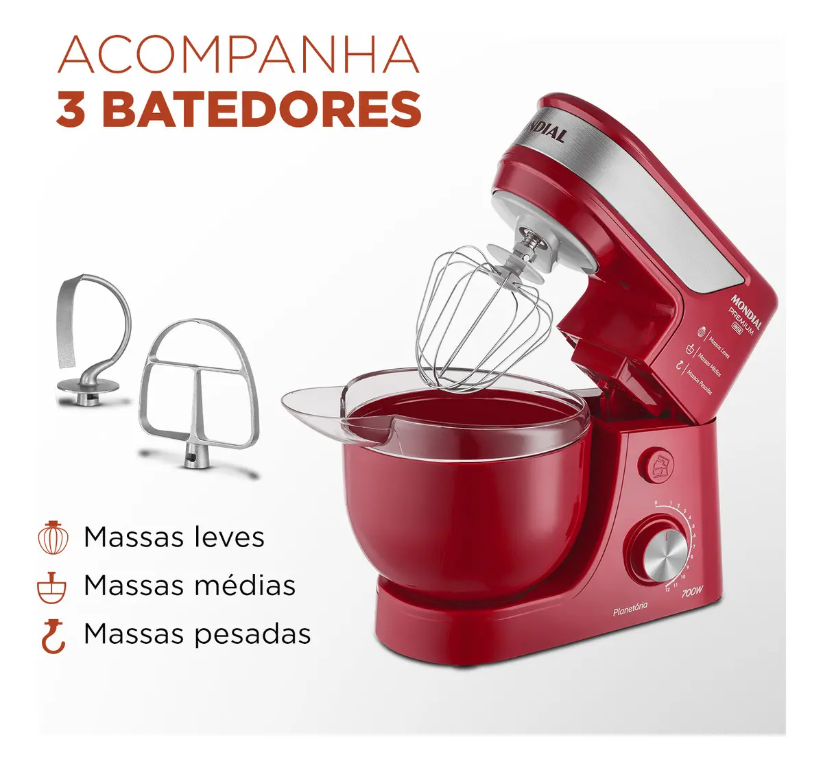 BATEDEIRA PLANETÁRIA MONDIAL PREMIUM VERMELHA - 700W DE POTÊNCIA - 2 TIGELAS DE PLÁSTICO COM CAPACIDADE DE 4,5 LITROS CADA - 110V - 3