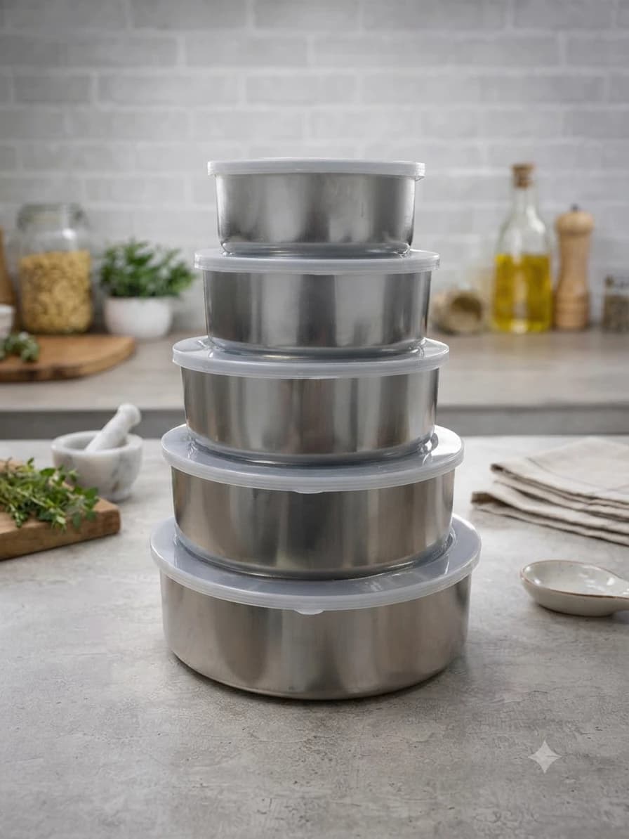 KIT 5 POTES INOX COM TAMPA ART HOUSE - 225ML/375ML/700ML/900ML/1350ML - 2