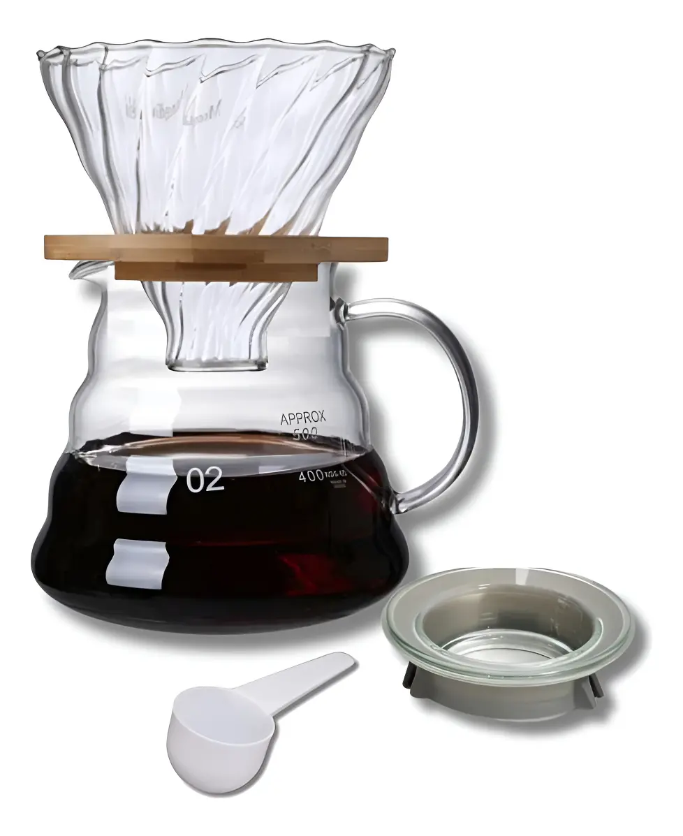 JARRA E FILTRO DE VIDRO 600ML COM TAMPA HERMÉTICA PARA CAFÉ - SUPORTE EM BAMBÚ - NÚMERO 102 - 1