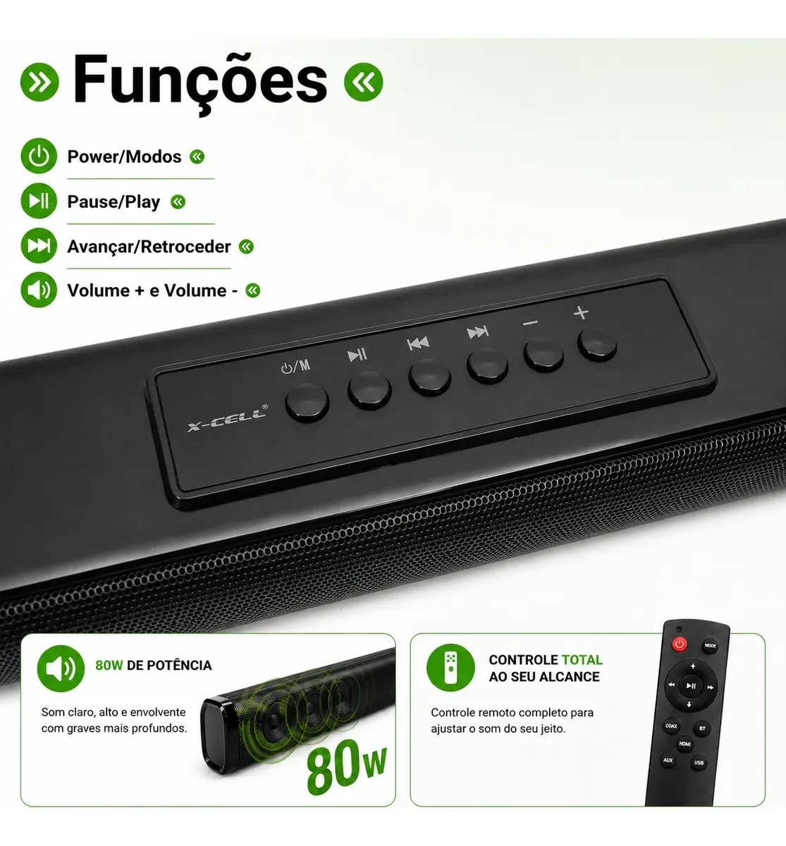 SOUNDBAR / CAIXA DE SOM BLUETOOTH X-CELL 80W DE POTÊNCIA - OPÇÕES DE CONECTIVIDADE BLUETOOTH, HDMI, USB, COAXIAL - MEDIDA 80X6 CM - 2