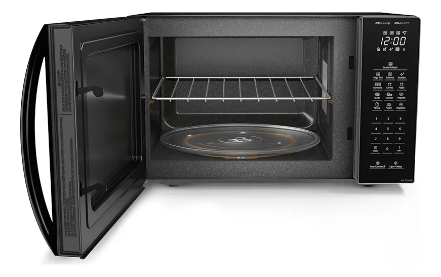 MICROONDAS PANASONIC BLACK GLASS 34 LITROS - PORTA ESPELHADA - ANTIBACTERIA E ANTIADERENTE - COM GRELHA PARA FUNÇÃO DUPLA REFEIÇÃO - 110V - 2