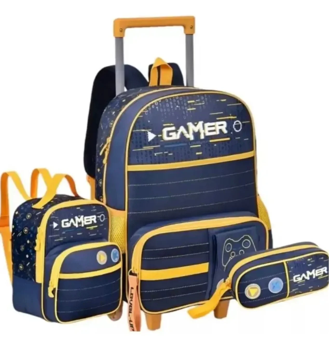 KIT 2 MOCHILAS + ESTOJO VIDEOGAME LEVEL UP CLIO STYLE AZUL E AMARELO - 1