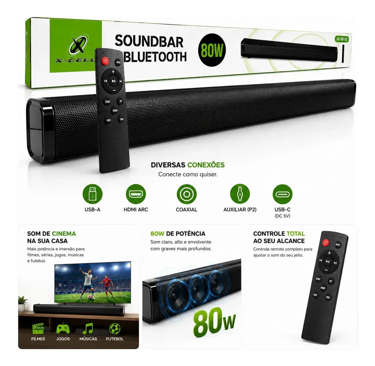 SOUNDBAR / CAIXA DE SOM BLUETOOTH X-CELL 80W DE POTÊNCIA - OPÇÕES DE CONECTIVIDADE BLUETOOTH, HDMI, USB, COAXIAL - MEDIDA 80X6 CM - 3