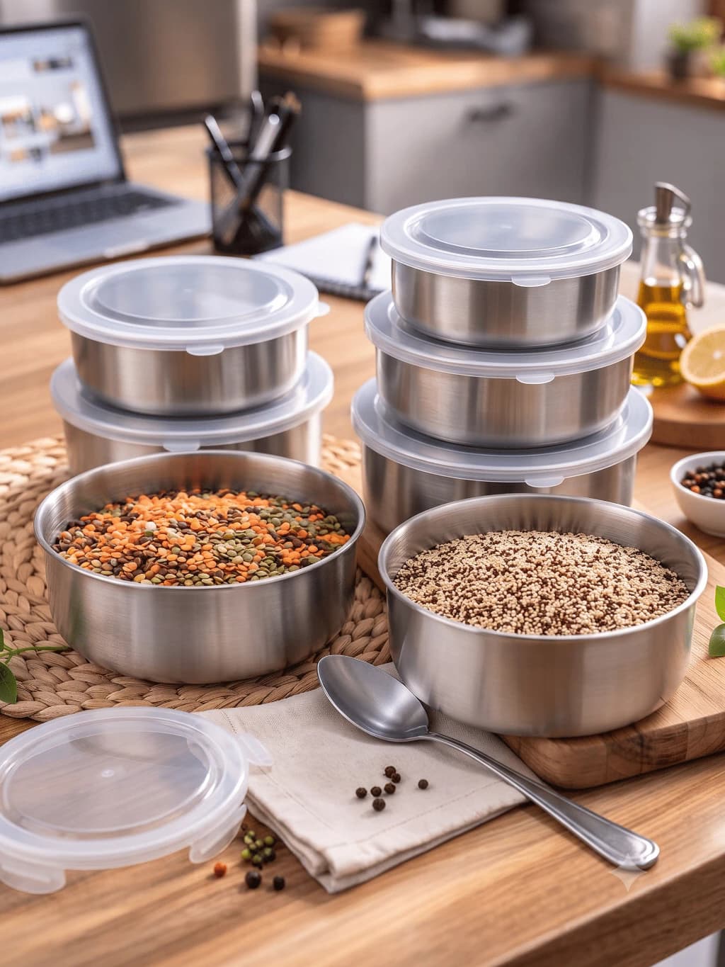 KIT 5 POTES INOX COM TAMPA ART HOUSE - 225ML/375ML/700ML/900ML/1350ML - 3