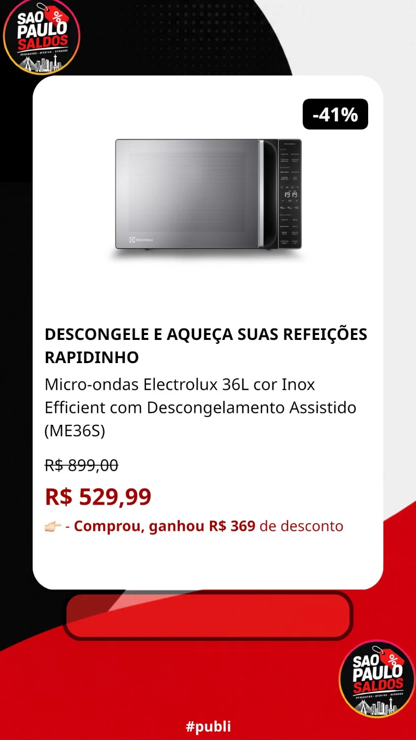 Micro-ondas Electrolux 36L cor Inox Efficient com Descongelamento Assistido ME36S 127v - 1