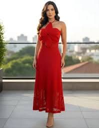 Vestido Midi Com Flor Tricot Elegante Natal Reveillon Crochê vermelho 36-42 - 1