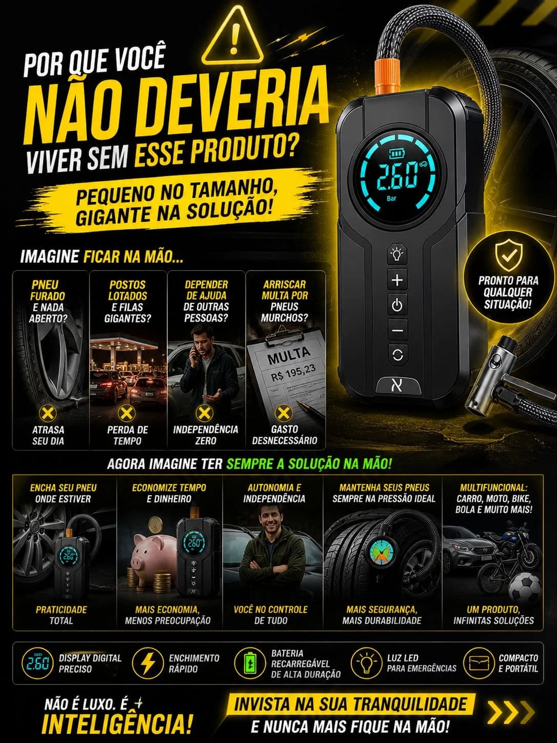Mini Compressor Elétrica Portátil E Bomba Digital Pneus Pre - 1