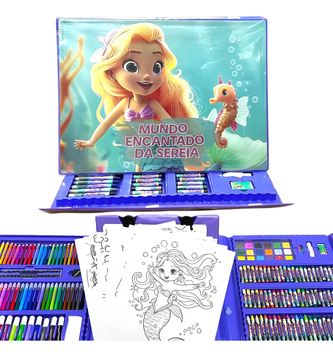 Estojo Maleta Encantado Sereia Com 208 Peças Colorir Pintura - 1