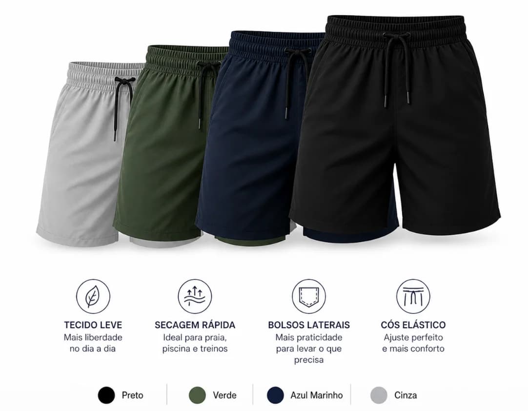 Kit 4 Short Tactel Leve Liso Bermuda - Tamanho M - Masculina - 1