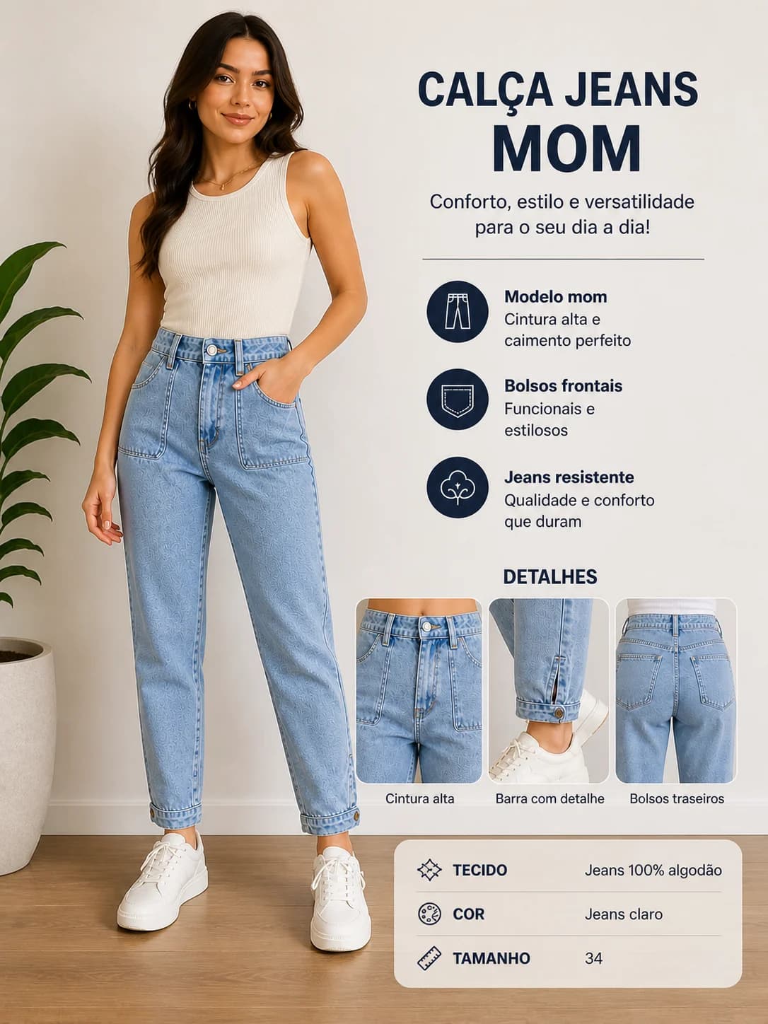 Calça Jeans Mom - Tamanho 34 - Feminina - 1