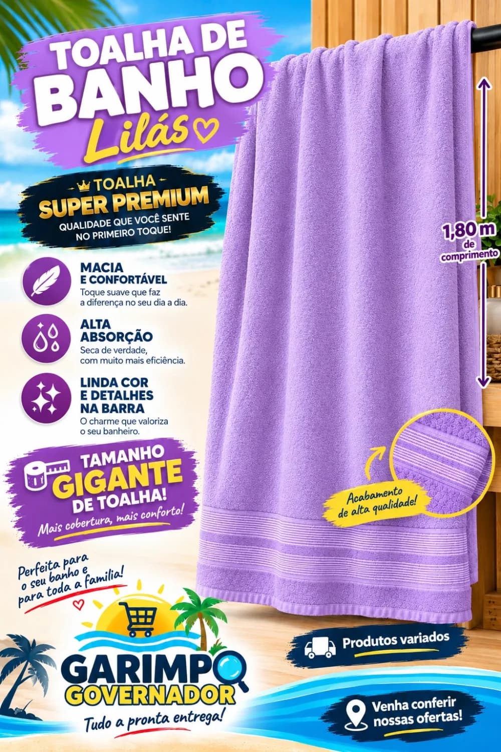 Toalha Banho Banhão Gigante Algodão 86x180cm | Luxo Enxuga Mais. (Lilás) - 1