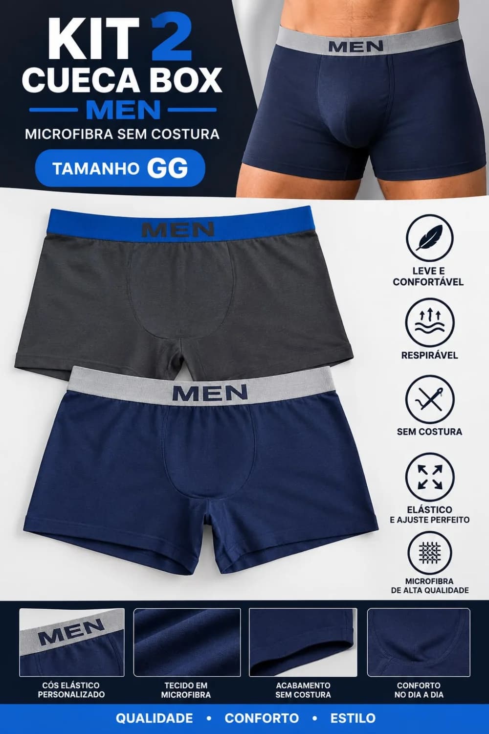 kit 2 Cuecas Boxer Men Microfibra Masculina Sem Costura/Premium, TAM GG - 1