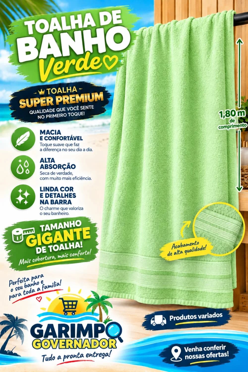 Toalha Banho Banhão Gigante Algodão 350g 86x180cm | Luxo Felpuda/Enxuga Mais. (Verde) - 1