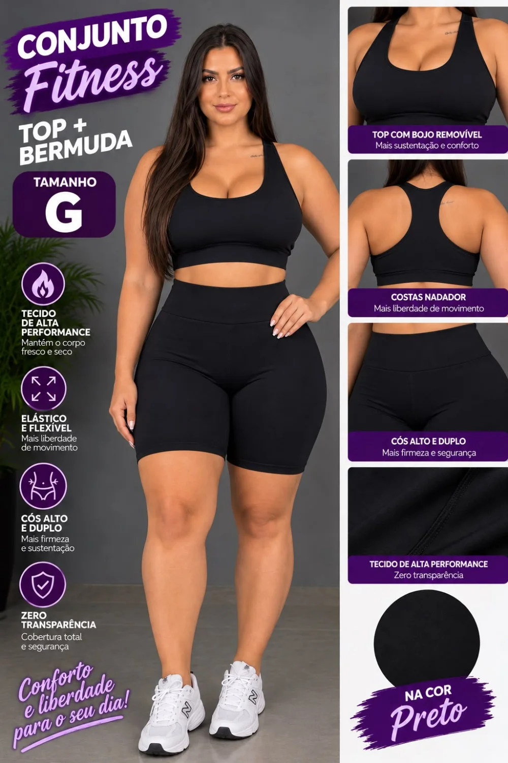 Conjunto Short Top Treino Academia Fitness Roupa De Corrida Zero Transparencia/ Cor Preto Tam G - 1