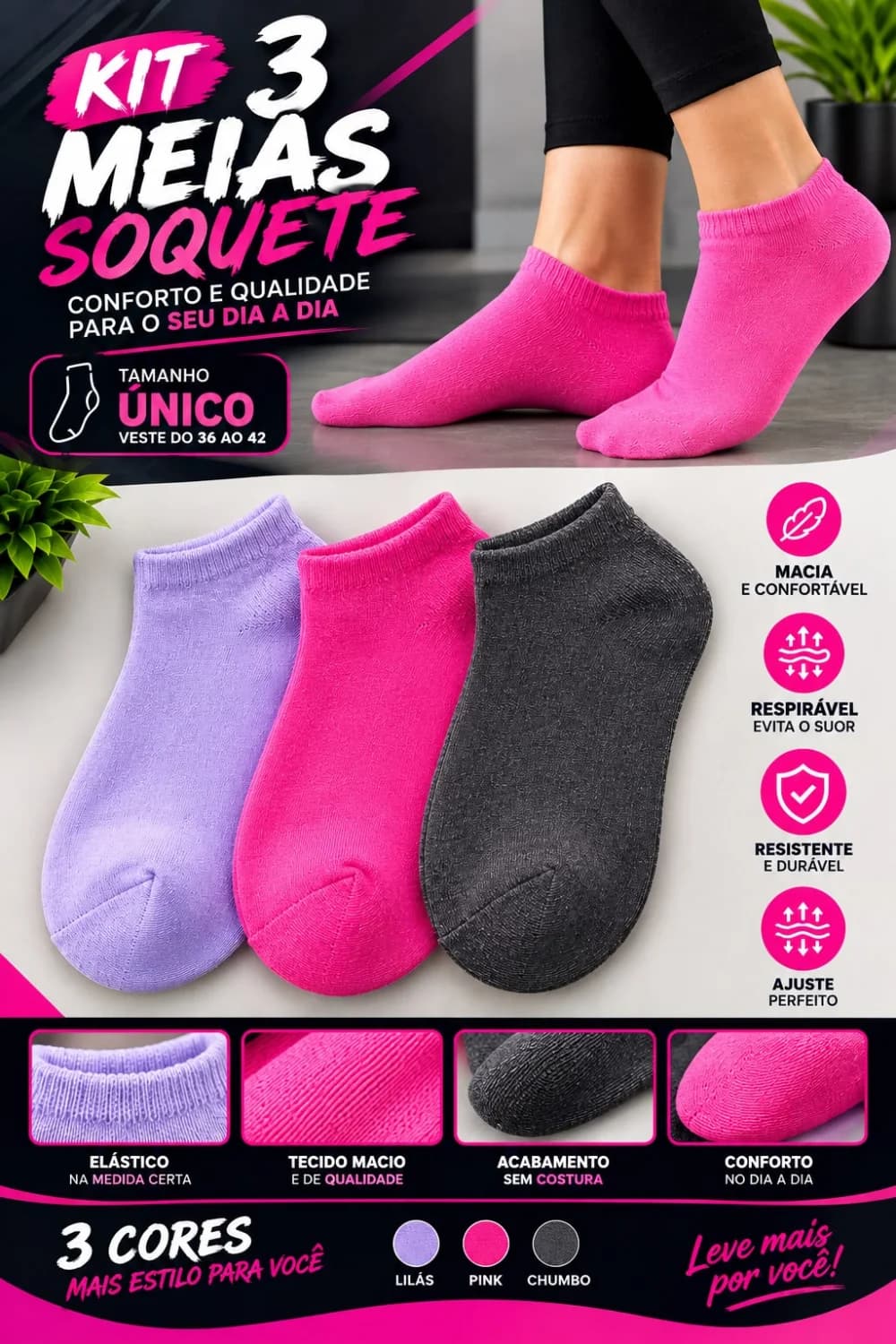 Kit com 3 Pares de Meias Adulta Feminina Cano Curto Algodão Lisos HQ - 1