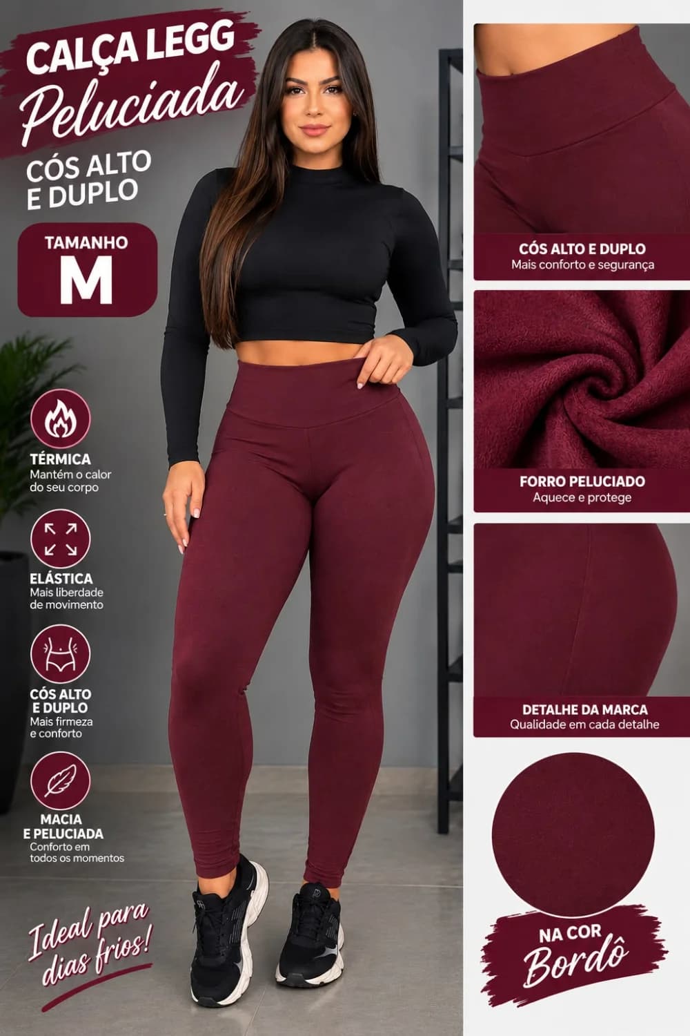 Calça Legging Feminina Flanelada Cintura Alta Dupla Camada na Cintura Maior Compressão | Cor Bordô Tam M | Zero Transparencia. - 1
