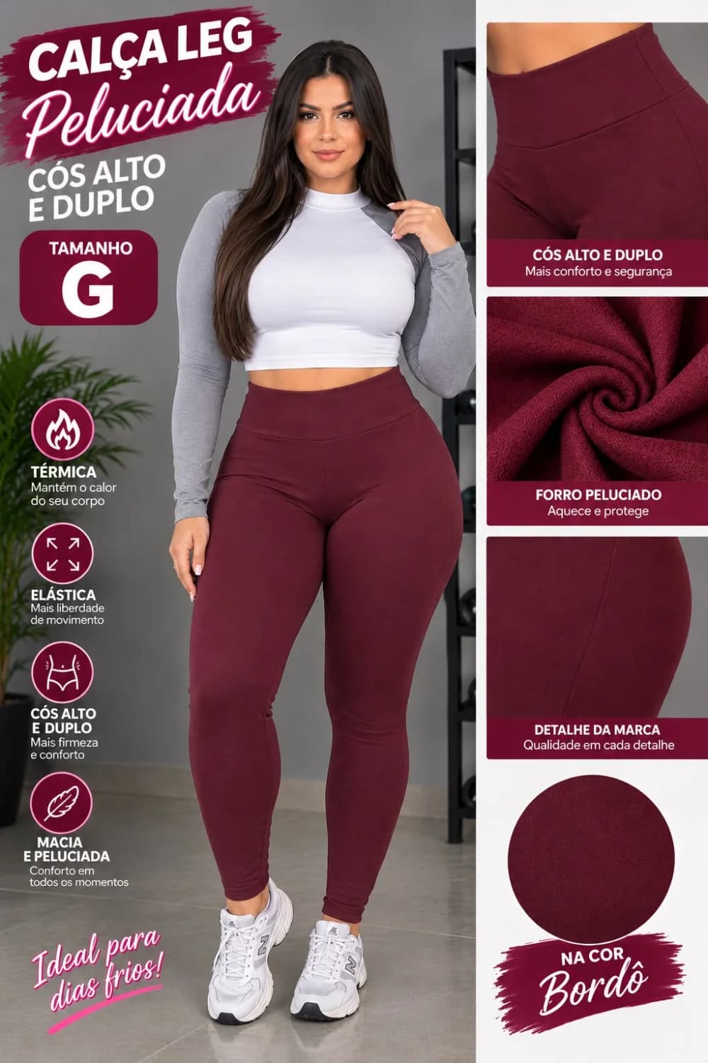 Calça Legging Feminina Flanelada Cintura Alta Dupla Camada na Cintura Maior Compressão | Cor Bordô Tam G | Zero Transparencia. - 1