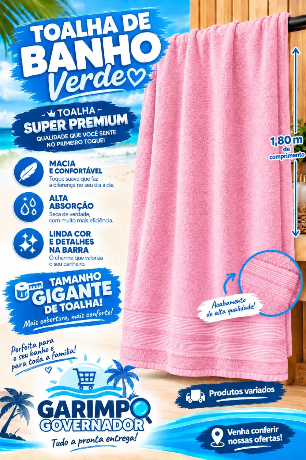 Toalha Banho Banhão Gigante Algodão 350g 86x180cm | Luxo Felpuda/Enxuga Mais. (Rosa) - 1