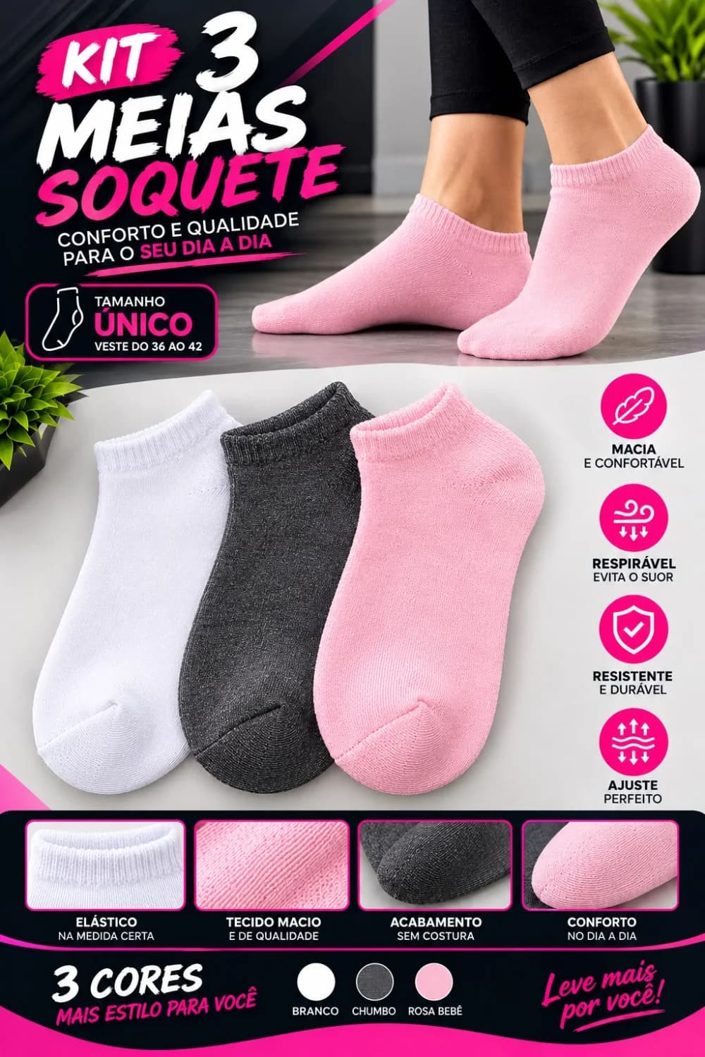 Kit com 3 Pares de Meias Adulta Feminina Cano Curto Algodão Lisos HQ - 1
