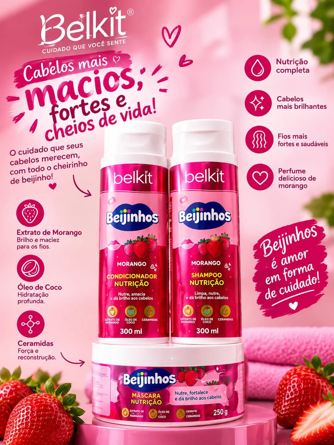 Kit Capilar Belkit Beijinhos Morango C/3 Shampoo Condicionador Máscara 300ml Cada. - 1
