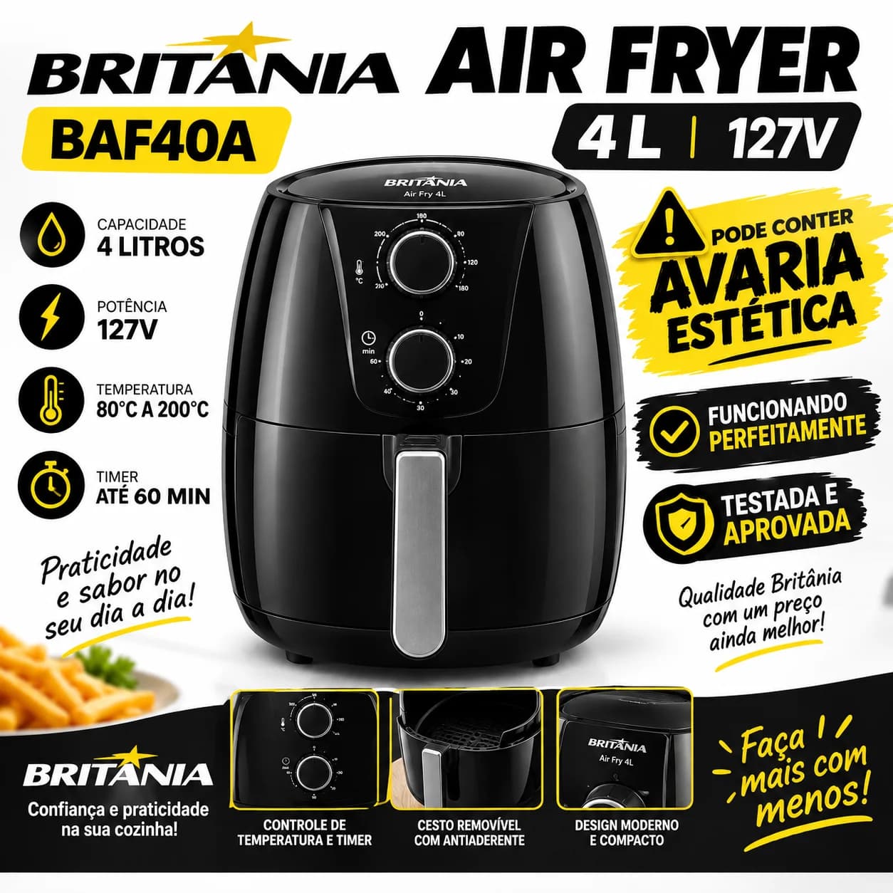 Fritadeira Air Fryer 4L BAF40 Britânia Preta 127V - 1