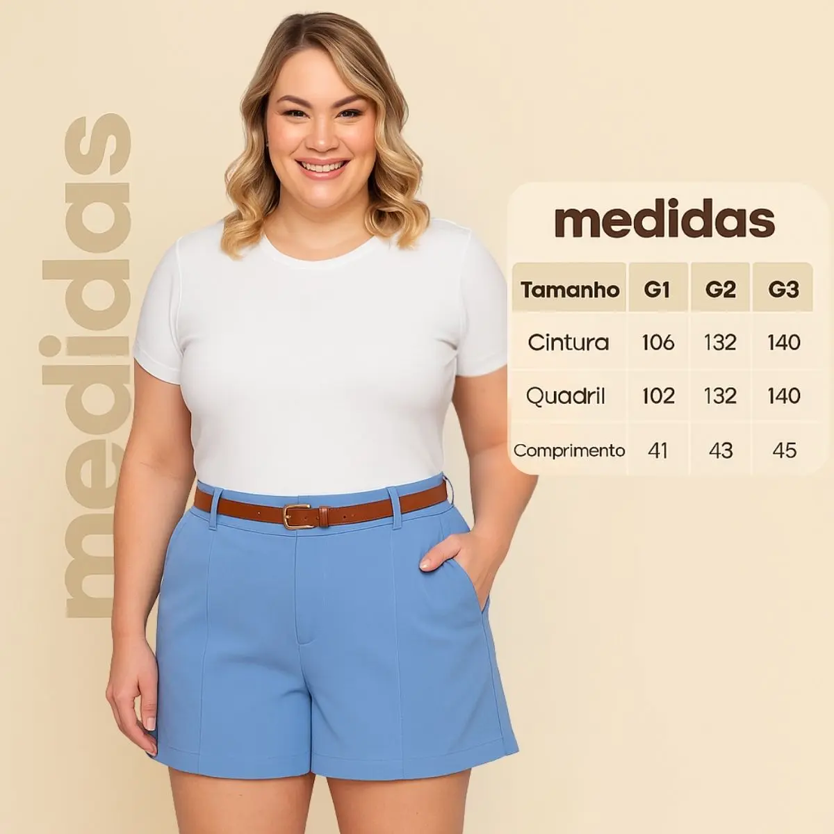 Short Feminino Plus Size Cintura Alta Com Cinto Casual - 2