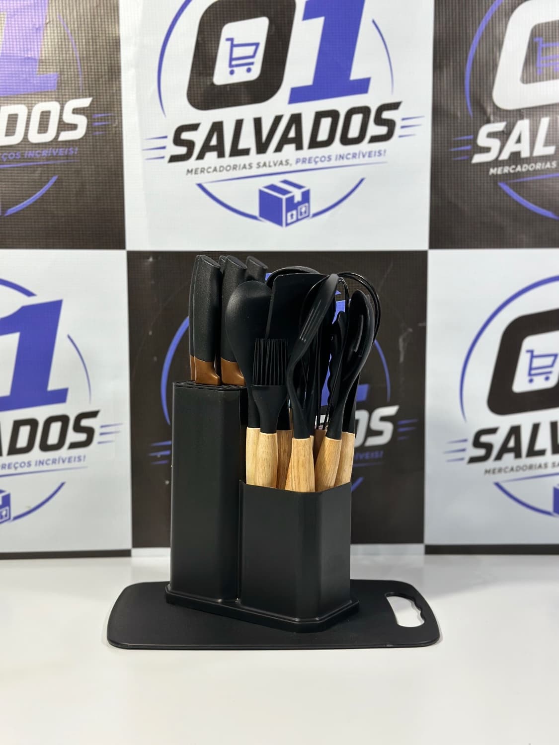 Kit 19 Utensílios Cozinha Silicone Cabo Madeira Facas Tábua - 1