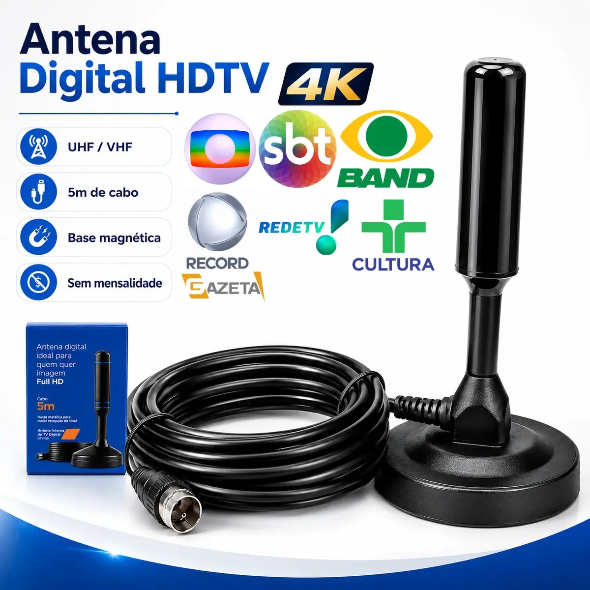 Antena Digital Interna Externa HDTV UHF Cabo Com Cabo Longo De 5 Metros Com Base Magnética - 1